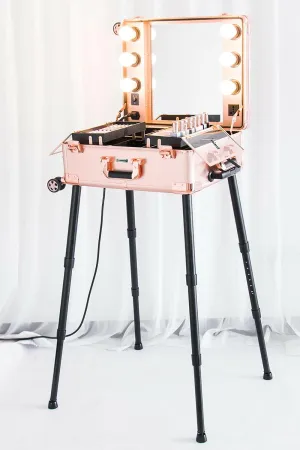 Kemier Makeup Case with Lighted Mirror Portable Makeup Vanity Station Professional Artist Cosmetic Organizer Studio with 4 Rolling Wheels Extendable Trays Adjustable Legs (Rose Gold)