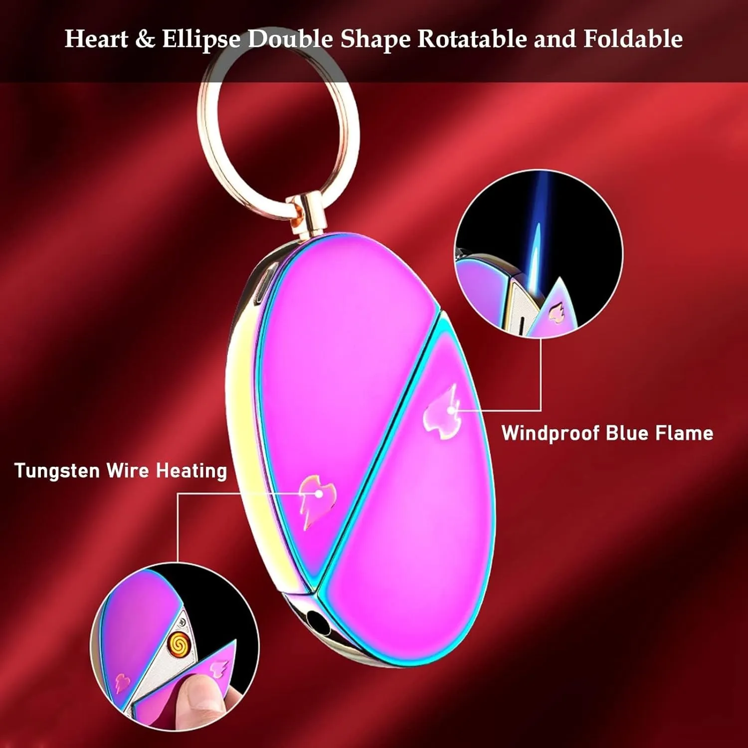 Keychain Rechargeable Lighter, Adjust Flame, Fill Fuel, 2 in 1 Dual Flame Lighter, can be Given as a Gift to Lovers, Couples (Fuel not Included)(Gold)