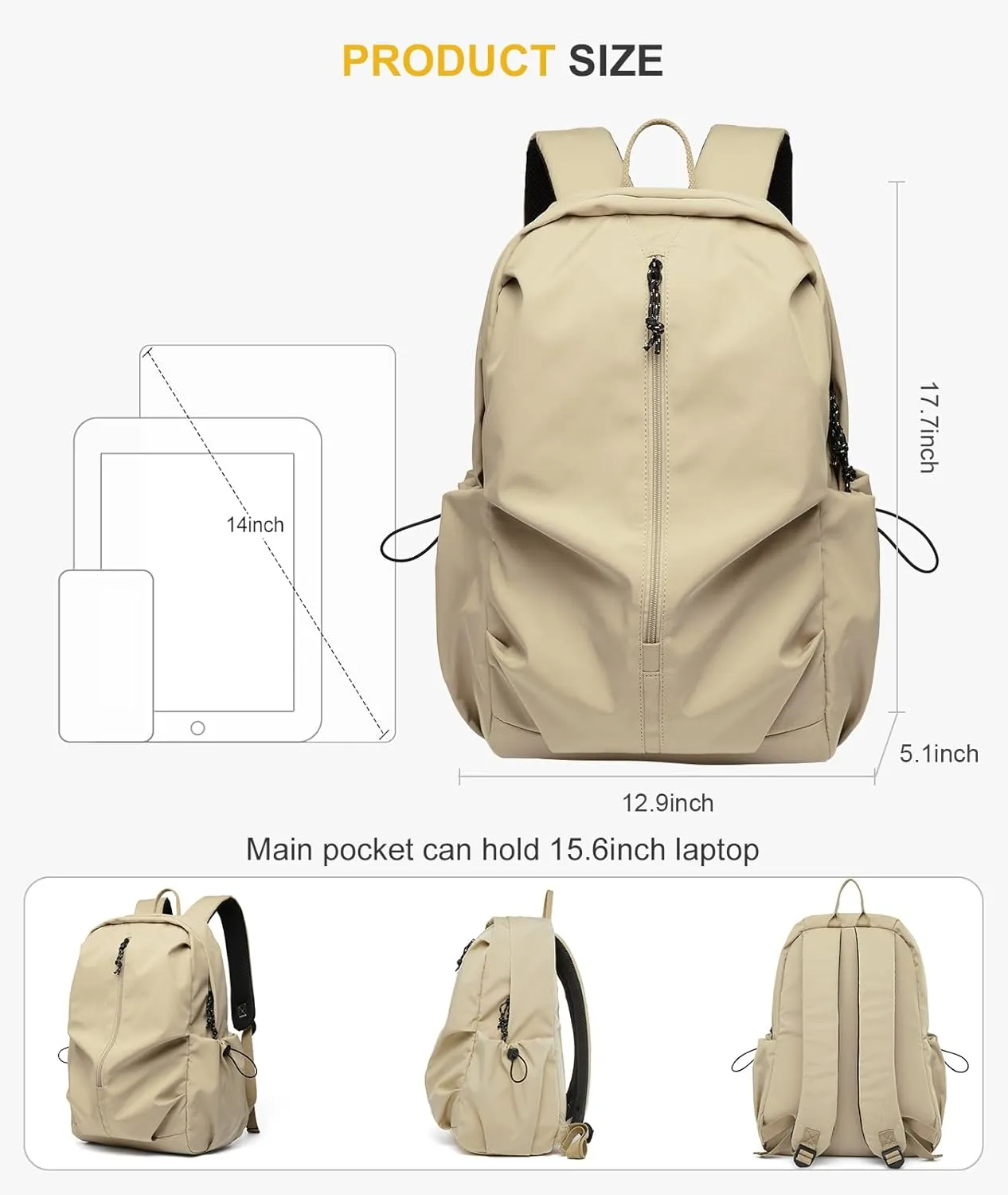Khaki Backpack Waterproof Laptop Backpack College High Bookbag Lightweight Water-resistant Simple Casual Daypack Gym Backpack Men Women