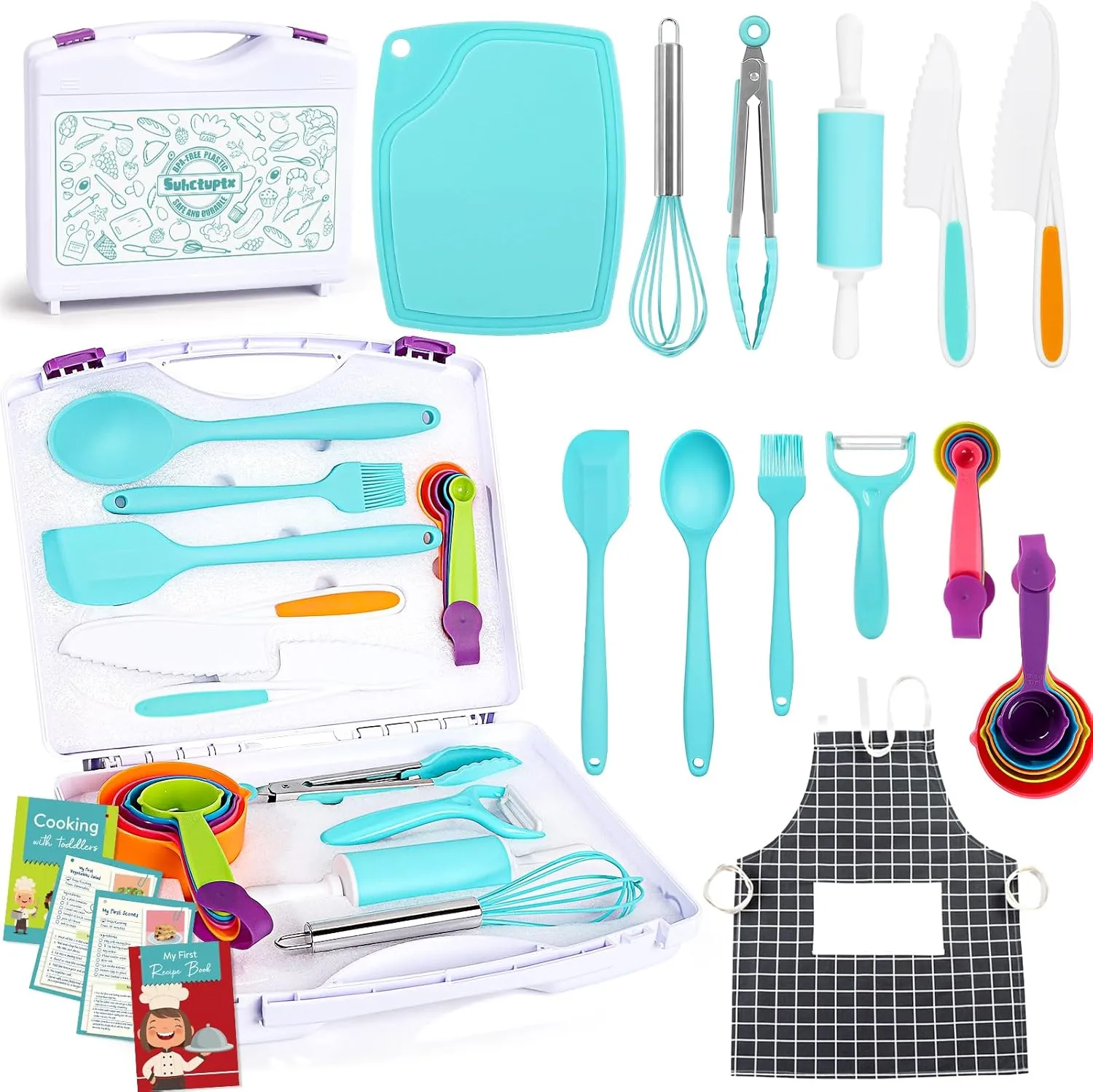 Kids Cooking Sets Real, Kids Cooking & Baking Set with Storage Case Kid Safe Knives Cutting Board Apron Cookbook Toddler Cooking Utensils, Montessori Kitchen Tools, Birthday Gifts Toys for Girls Boys