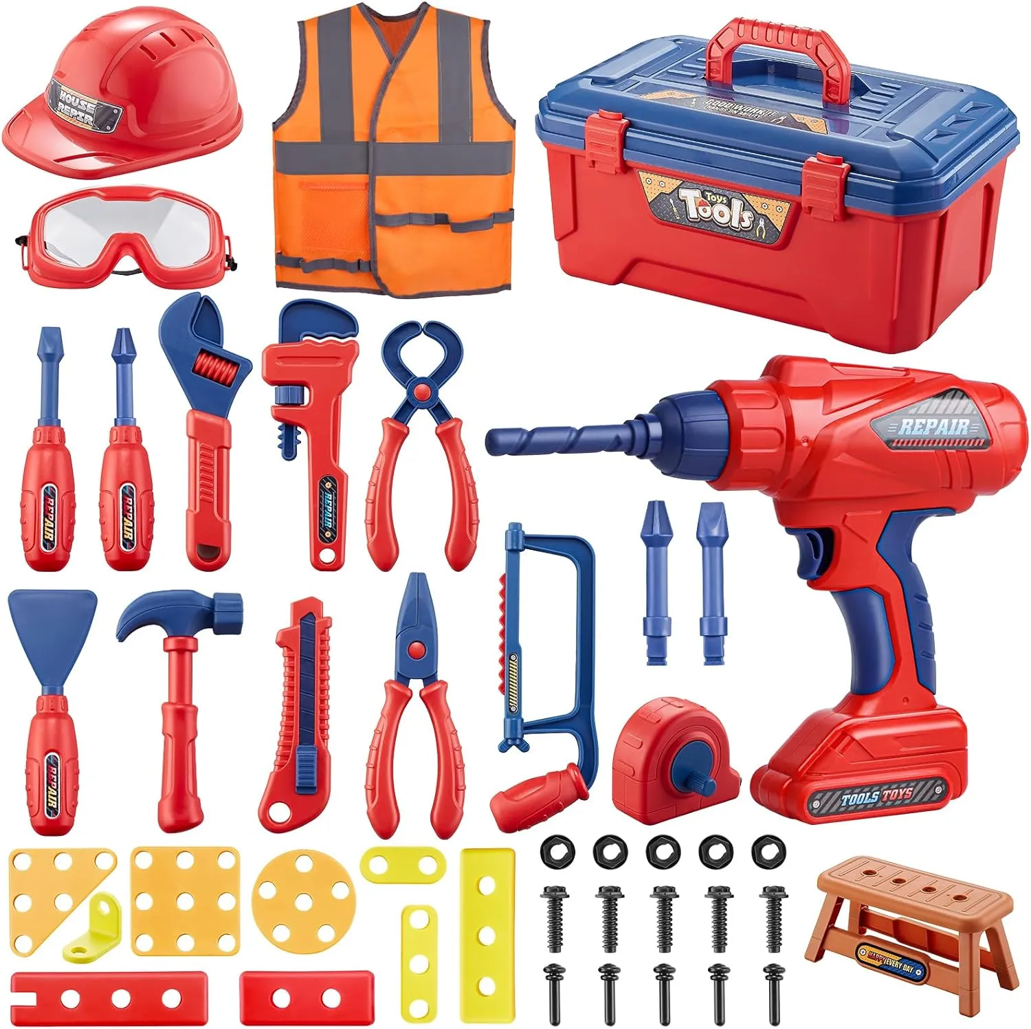 Kids Tool Set, MAGIC4U 49PCS Toddler Tool Set with Electronic Toy Drill,Tape Measure 12 Tool Equipment,Pretend Play Construction Costume with Safety Vest Hat,Toy Tool Box for Kids Boy Girl Age 3-8