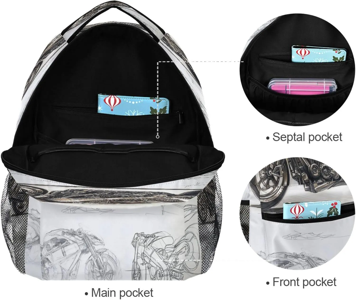 KLL Backpacks for Teenager Waterproof Backpack With Water Bottle Pocket with Chest Strap for College Work Cool Motorcycle