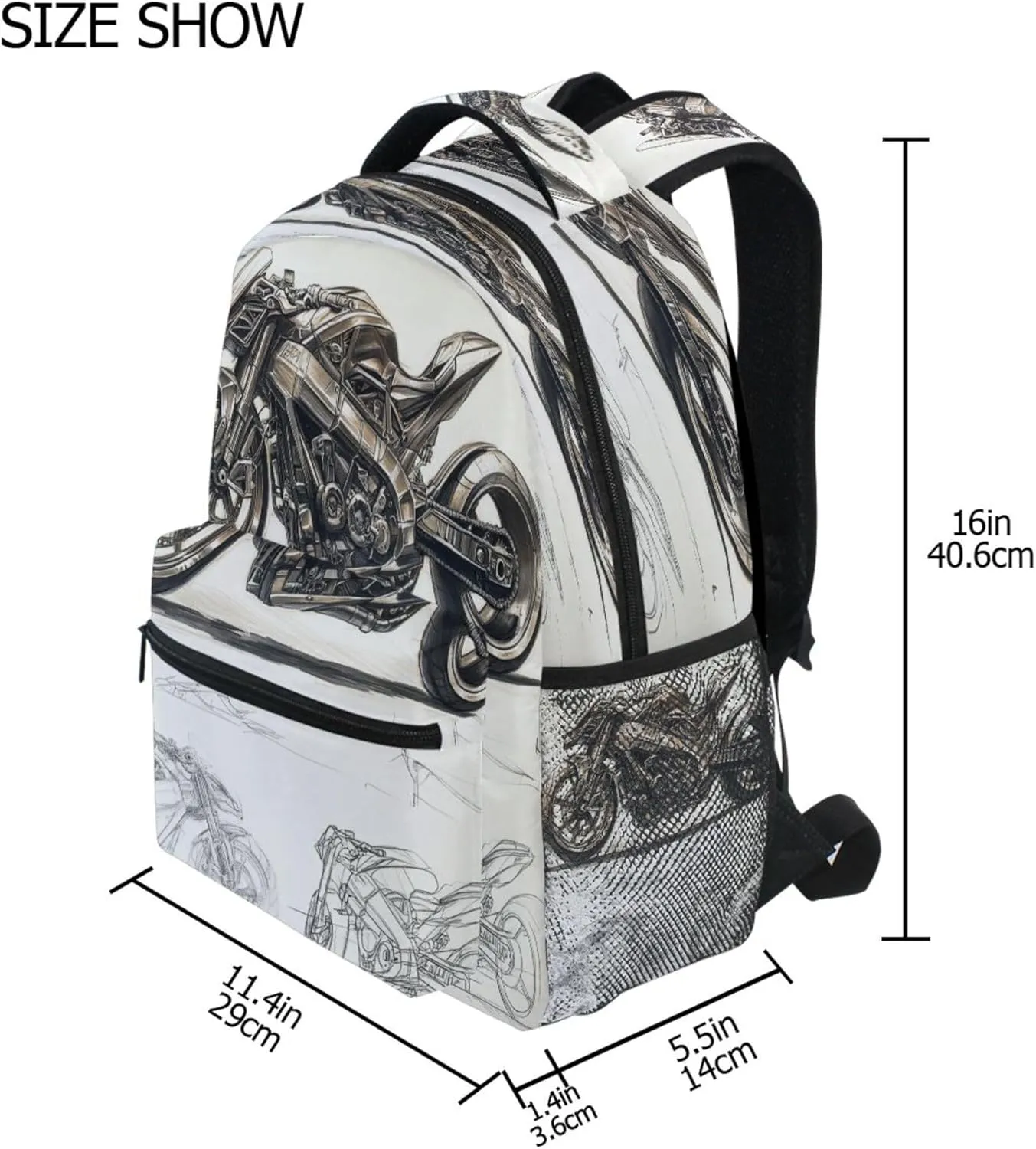 KLL Backpacks for Teenager Waterproof Backpack With Water Bottle Pocket with Chest Strap for College Work Cool Motorcycle