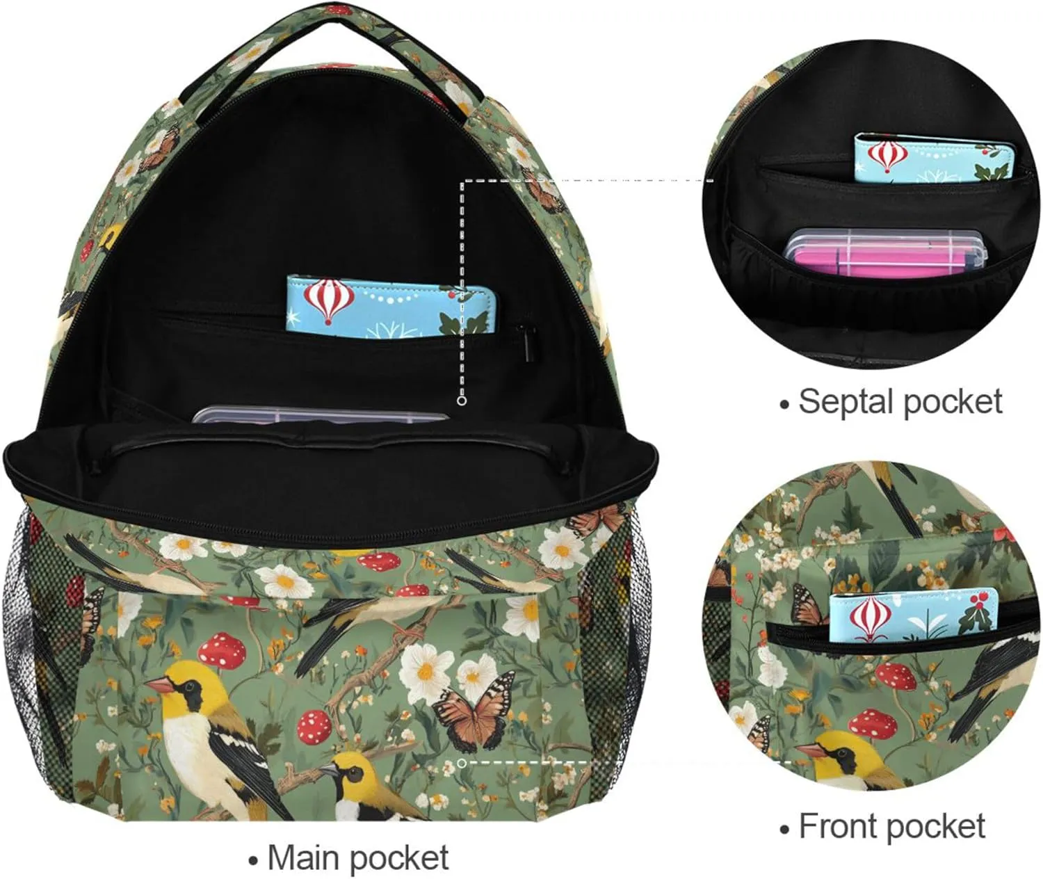 KLL Laptop Backpack for Men and Women Waterproof Sports Backpack with Chest Strap Gift Men & Women Aesthetic Goldfinch Birds Sage Green