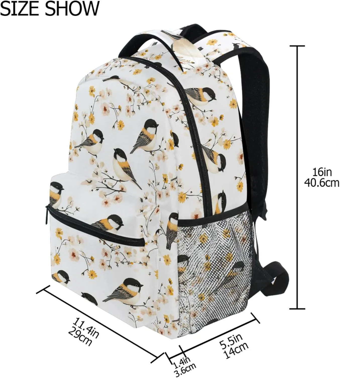 KLL Laptop Backpack for Men Women Fashion School Bag with Chest Strap Gift Men & Women Aesthetic Black - Capped Chickadee Birds White