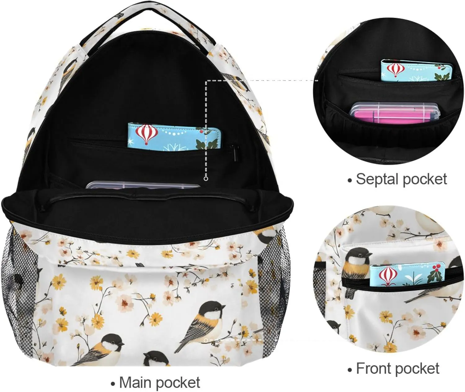 KLL Laptop Backpack for Men Women Fashion School Bag with Chest Strap Gift Men & Women Aesthetic Black - Capped Chickadee Birds White