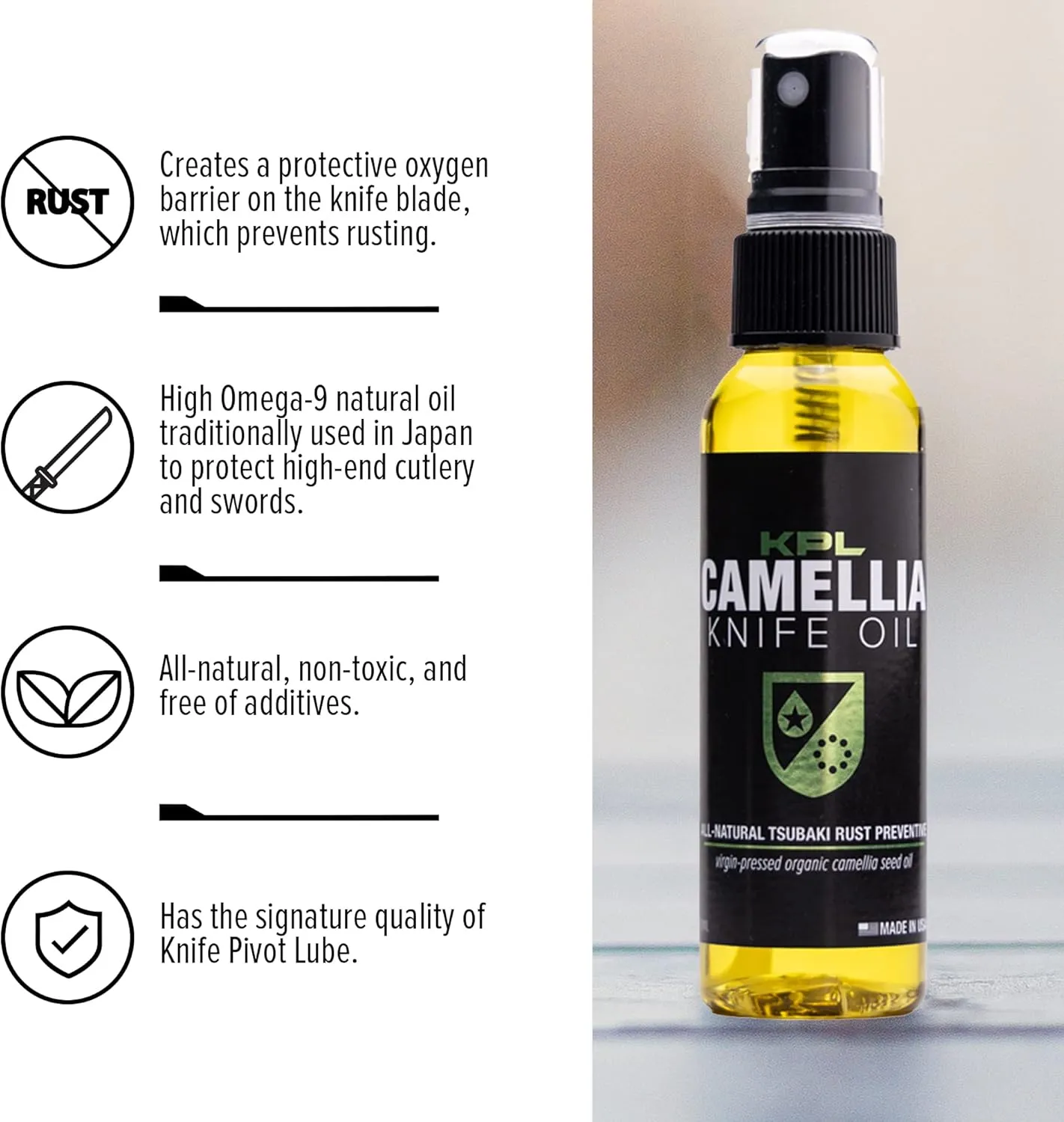 Knife Pivot Lube - Camellia Knife Oil for Blades, Natural Camellia Seed Oil for Carbon Steel Knives, Pure Tsubaki Oil, Knife Honing Oil for Cleaning, Knife Oil for Blade Care 60ml Spray Bottle