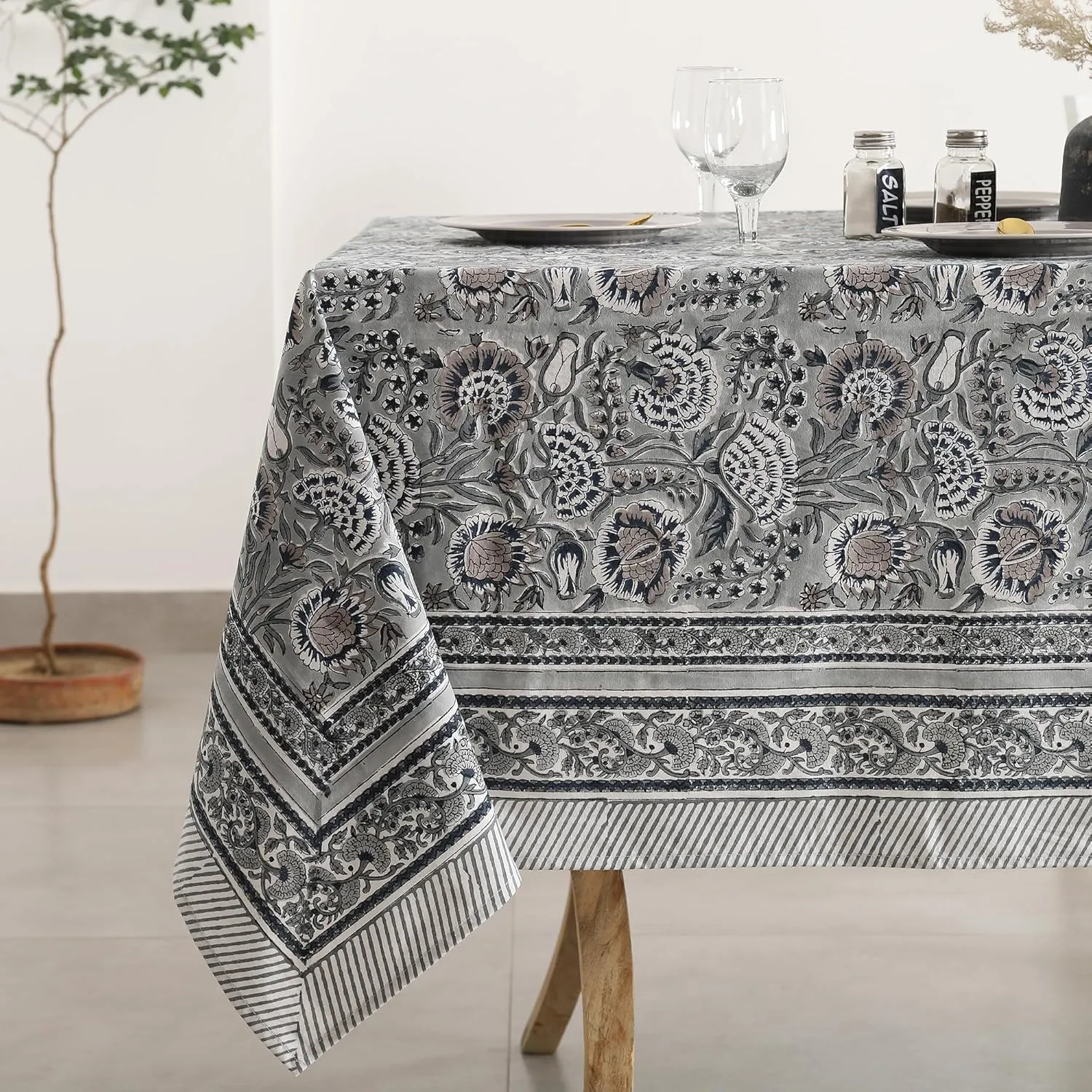 Labhanshi Indian Handblock Print Floral Cotton Rectangle 72x135 Inch 10-Seater Dining Tablecloth|Washable Spring Easter Picnic Outdoor Camping Festive Holiday Table Cover|Gray