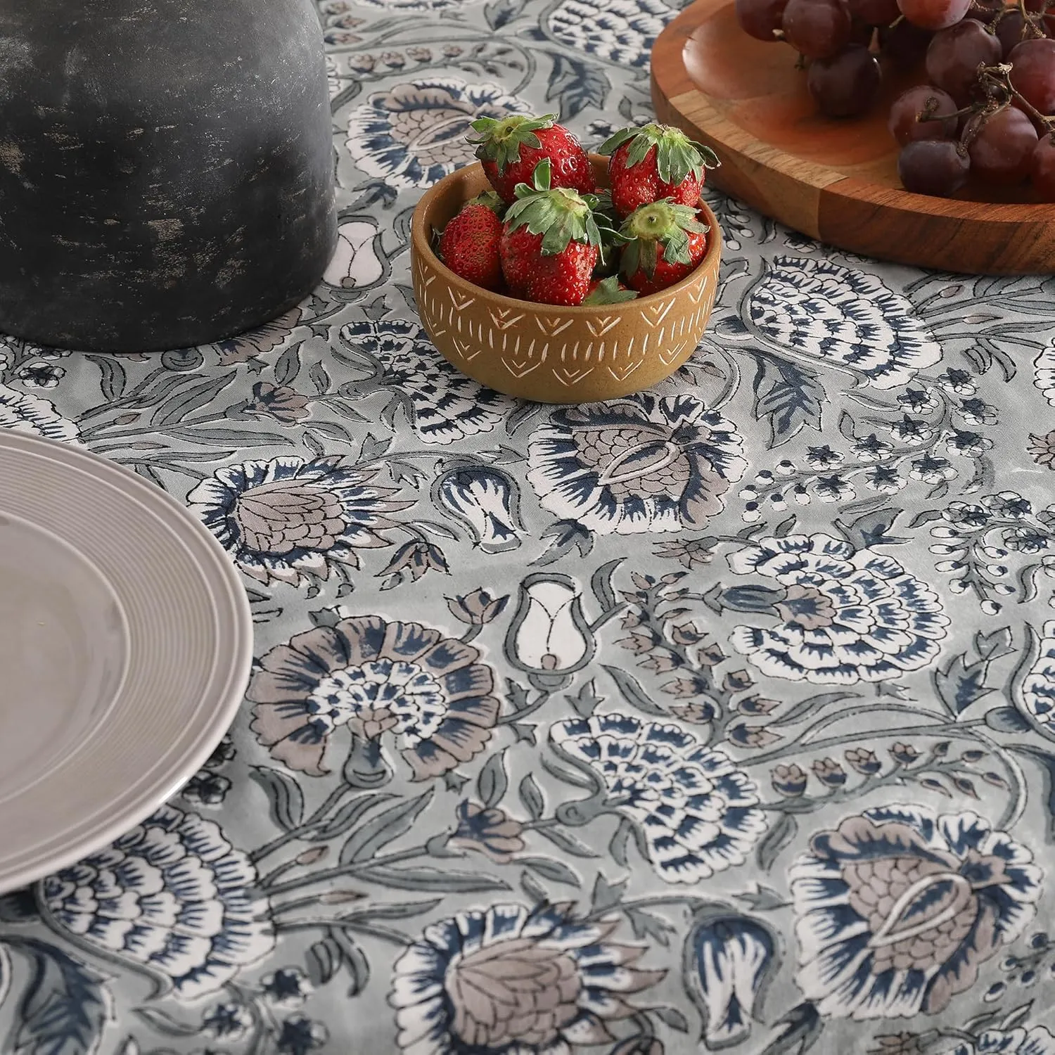 Labhanshi Indian Handblock Print Floral Cotton Rectangle 72x135 Inch 10-Seater Dining Tablecloth|Washable Spring Easter Picnic Outdoor Camping Festive Holiday Table Cover|Gray