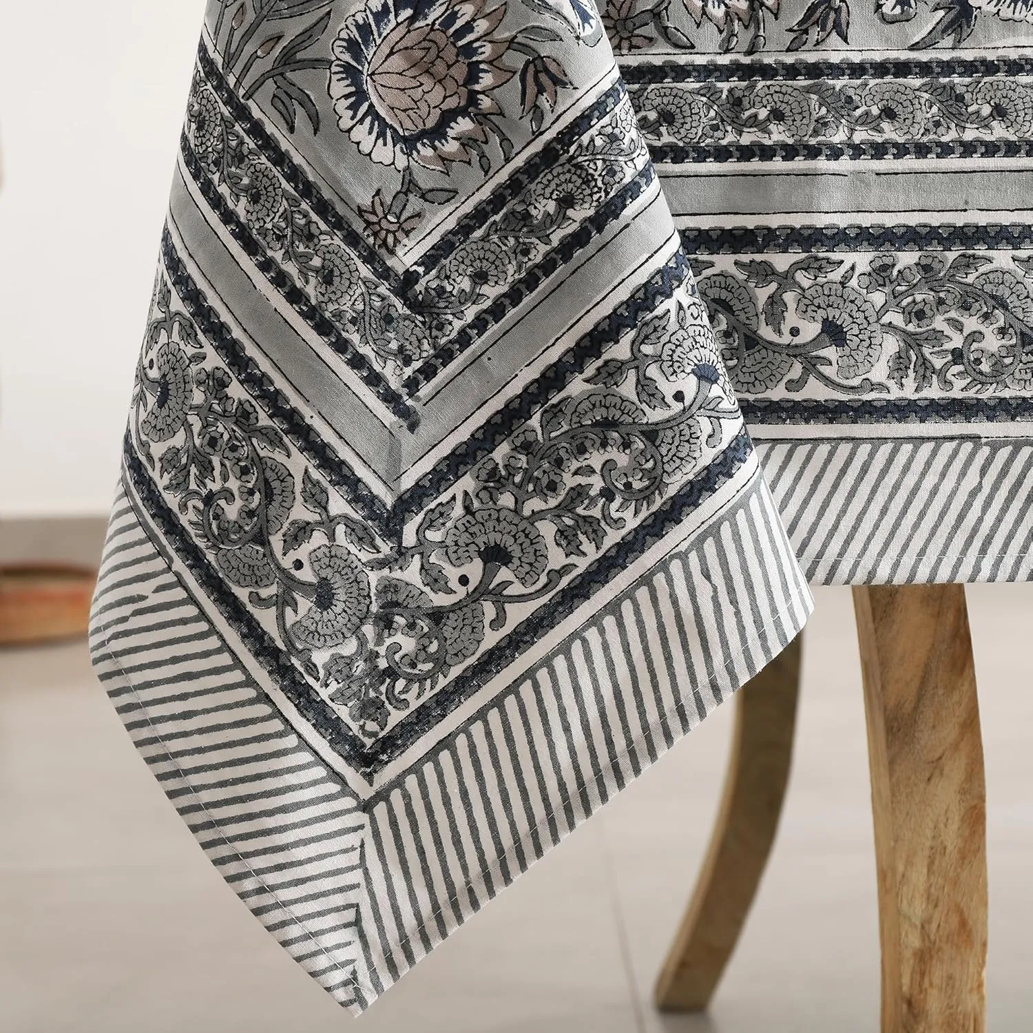 Labhanshi Indian Handblock Print Floral Cotton Rectangle 72x135 Inch 10-Seater Dining Tablecloth|Washable Spring Easter Picnic Outdoor Camping Festive Holiday Table Cover|Gray