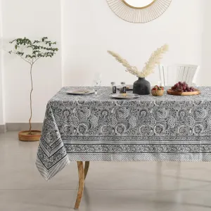 Labhanshi Indian Handblock Print Floral Cotton Rectangle 72x135 Inch 10-Seater Dining Tablecloth|Washable Spring Easter Picnic Outdoor Camping Festive Holiday Table Cover|Gray