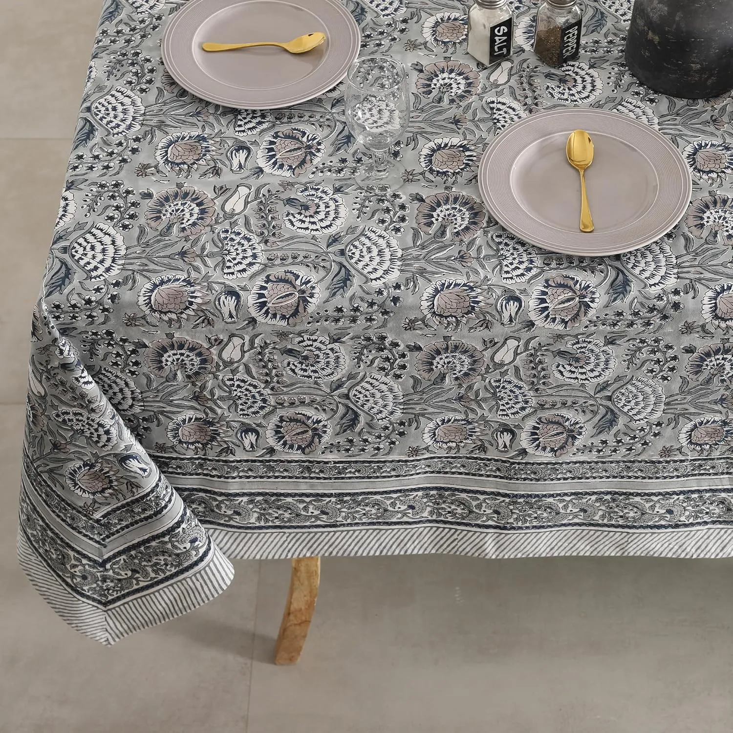 Labhanshi Indian Handblock Print Floral Cotton Rectangle 72x135 Inch 10-Seater Dining Tablecloth|Washable Spring Easter Picnic Outdoor Camping Festive Holiday Table Cover|Gray