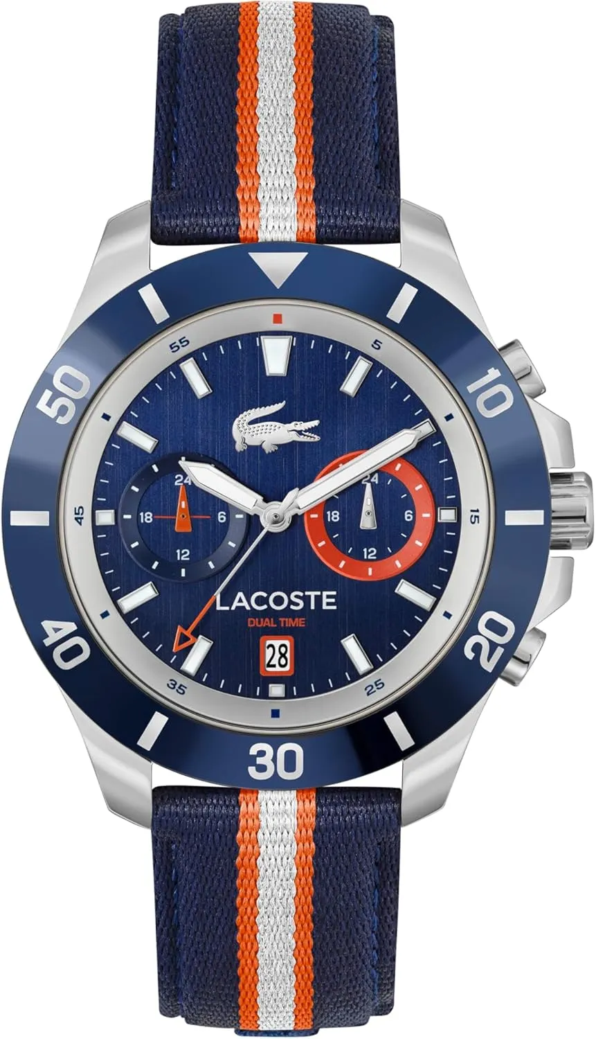 Lacoste Toronga Men's Multifunction Watch, Nylon Wristband, Water Resistant up to 5ATM/50 Meters, Sporty Styled Watch for Him, 44mm