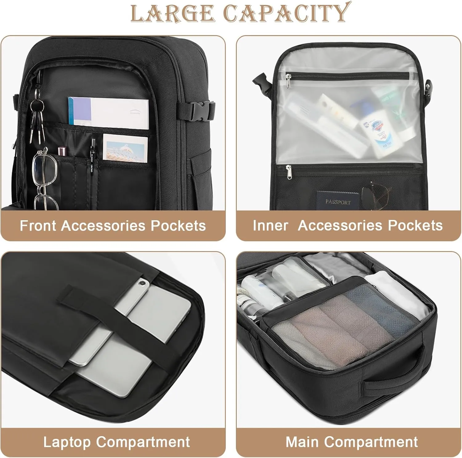 Large Backpack for Men Women, Travel Backpack Flight-approved Personal Item Size, 40L Carry on Backpack Casual Daypack, Black