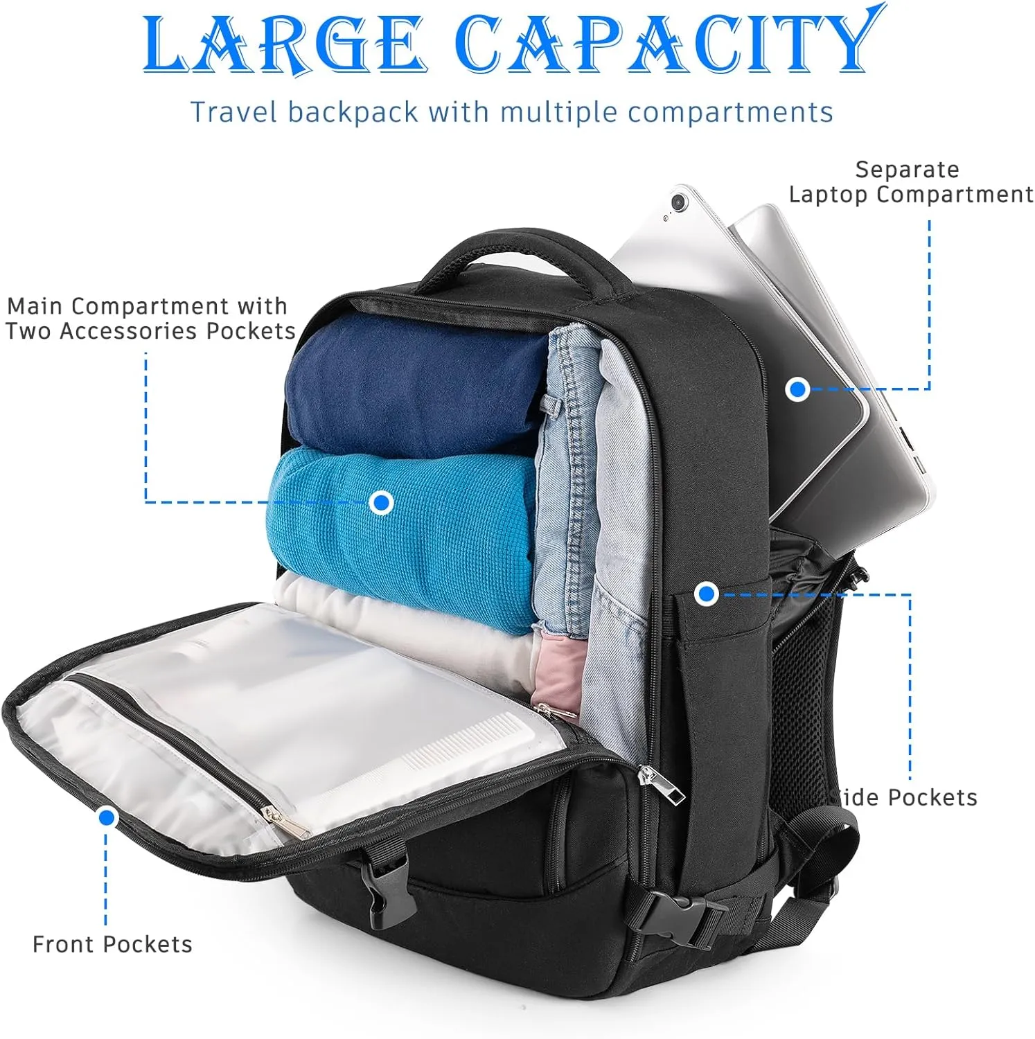 Large Backpack for Men Women, Travel Backpack Flight-approved Personal Item Size, 40L Carry on Backpack Casual Daypack, Black