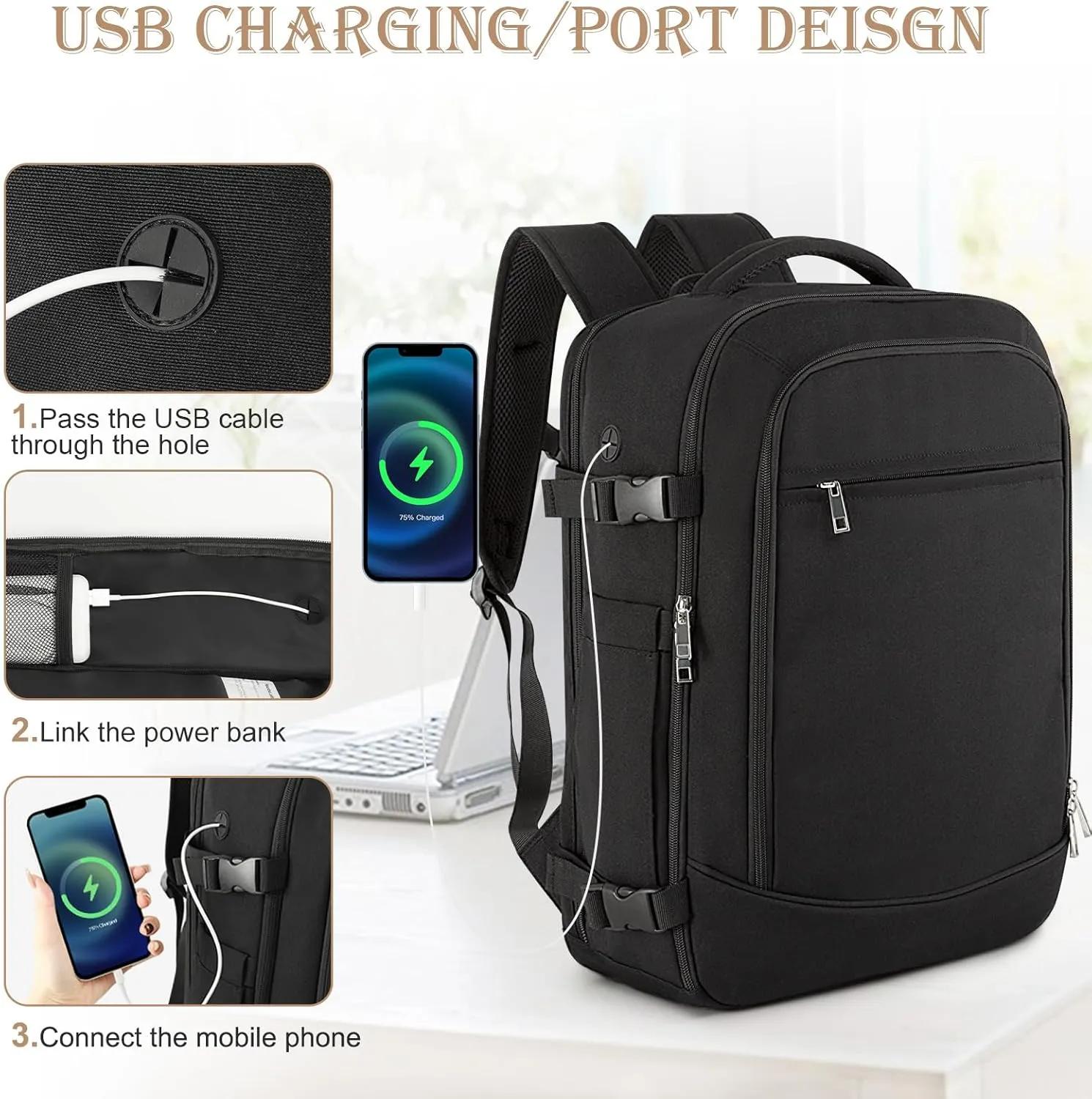 Large Backpack for Men Women, Travel Backpack Flight-approved Personal Item Size, 40L Carry on Backpack Casual Daypack, Black
