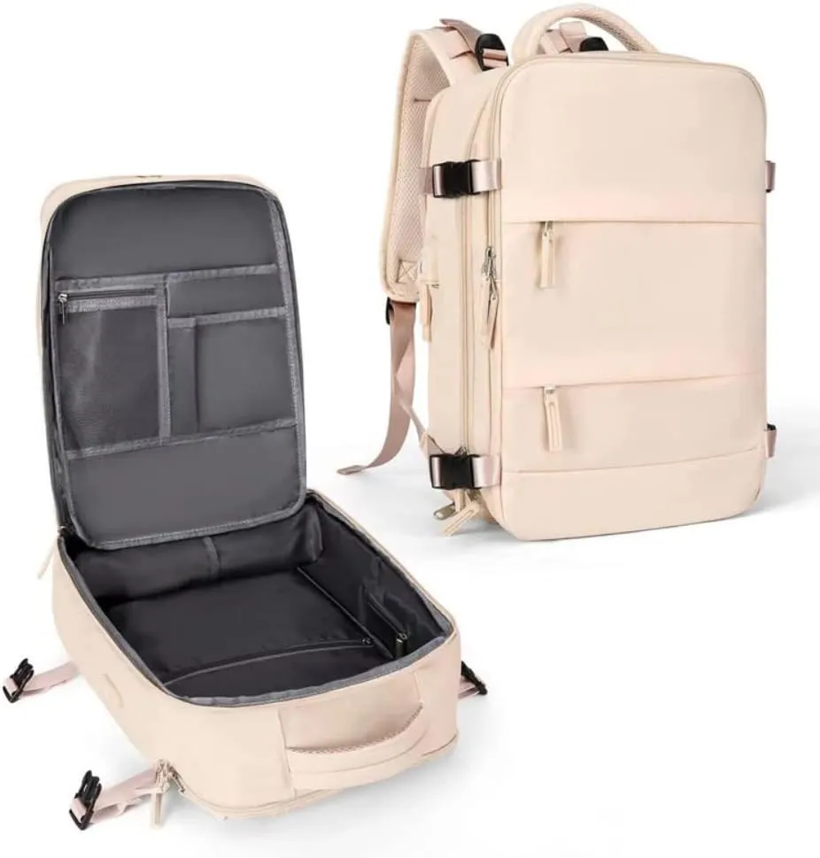 Large Capacity Backpack for Traveling on Airplane with Shoe Pouch Women Men Travel Hiking Outdoor Sport Backpack (Beige)