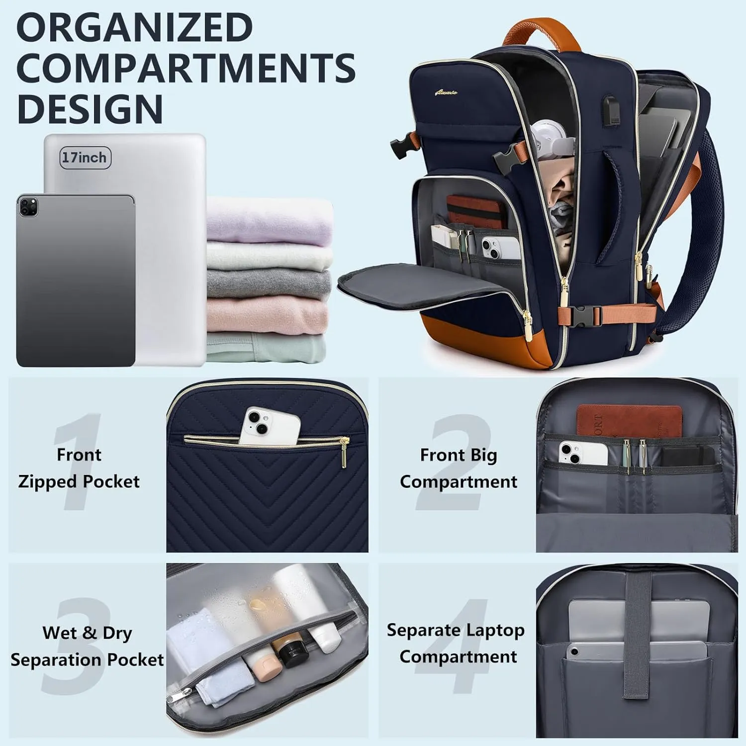Large Carry On Travel Backpack: Flight Approved 40L Waterproof Personal Item Daypack for Women Weekender Bag fit 17inch Laptop Luggage Backpack Traveling Business with USB Port and 3 Packing Cubes