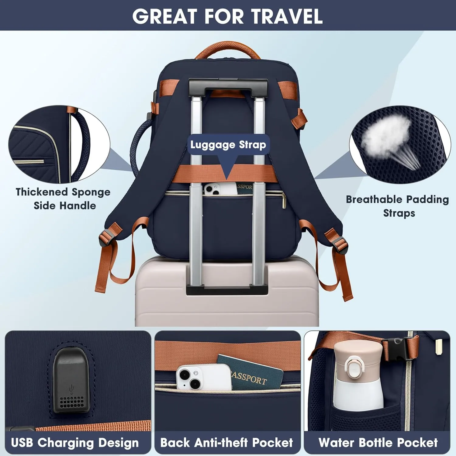 Large Carry On Travel Backpack: Flight Approved 40L Waterproof Personal Item Daypack for Women Weekender Bag fit 17inch Laptop Luggage Backpack Traveling Business with USB Port and 3 Packing Cubes