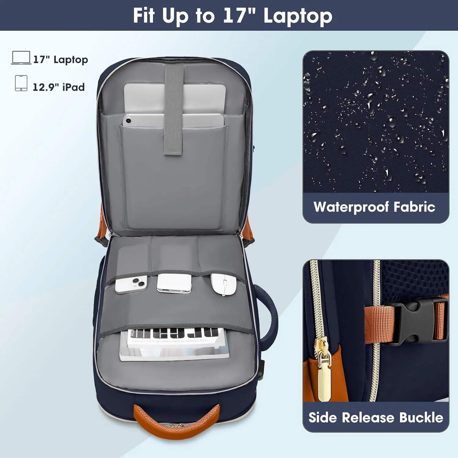 Large Carry On Travel Backpack: Flight Approved 40L Waterproof Personal Item Daypack for Women Weekender Bag fit 17inch Laptop Luggage Backpack Traveling Business with USB Port and 3 Packing Cubes
