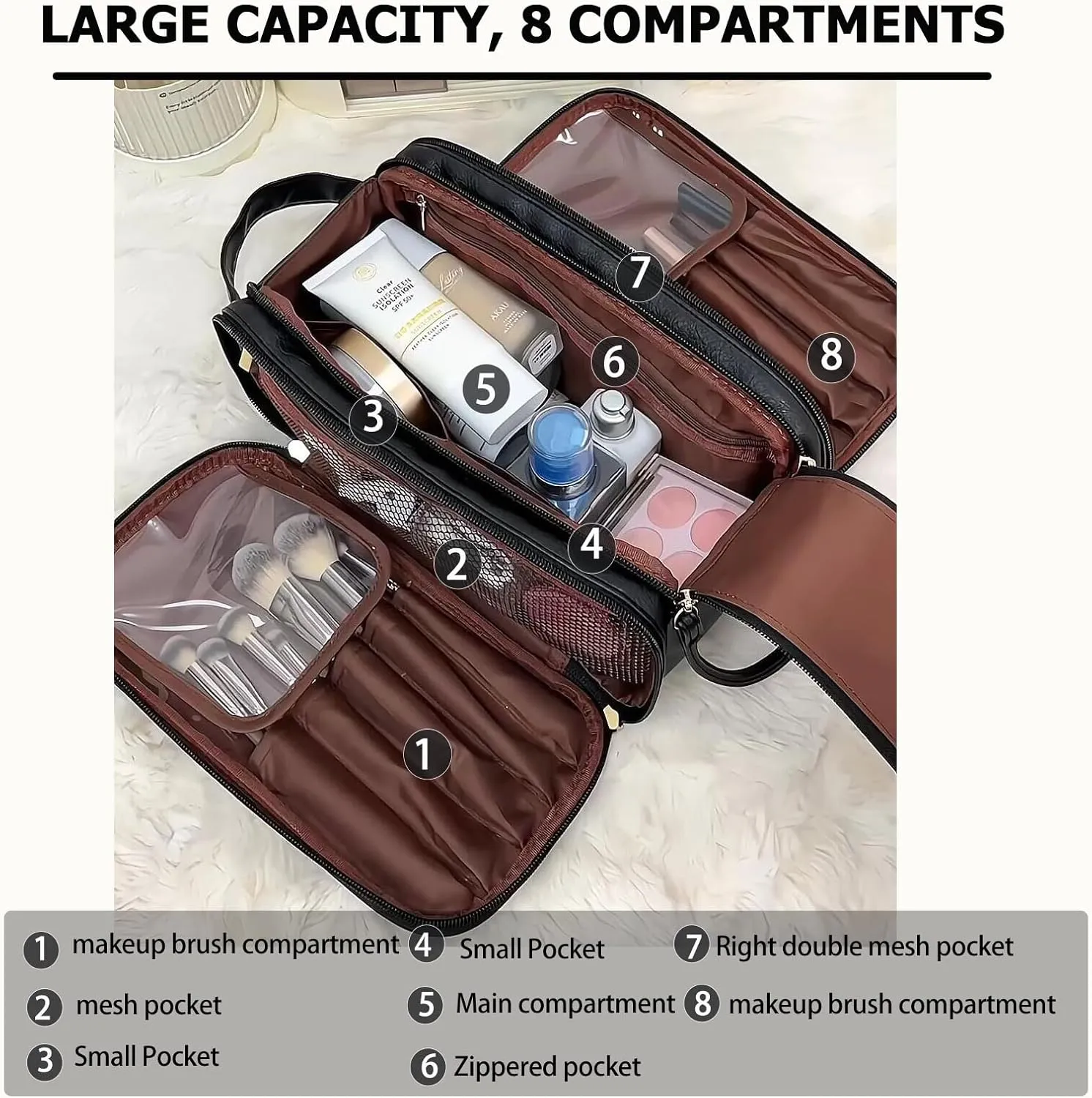 Large Makeup Bag 11.4X6.5X6 inch big Travel Cosmetic bag for Women, Portable Waterproof Toiletry Bag with 8 Compartments and Makeup Brush Holder, for Traveling and Camping (Black)