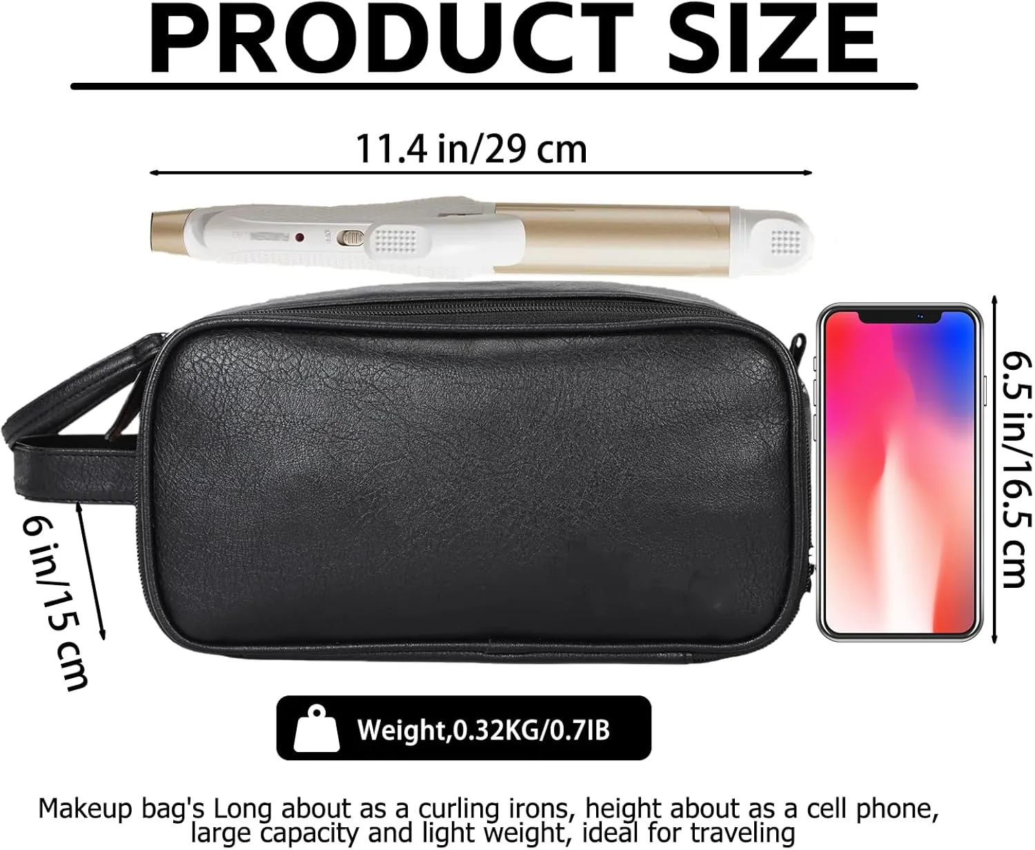 Large Makeup Bag 11.4X6.5X6 inch big Travel Cosmetic bag for Women, Portable Waterproof Toiletry Bag with 8 Compartments and Makeup Brush Holder, for Traveling and Camping (Black)