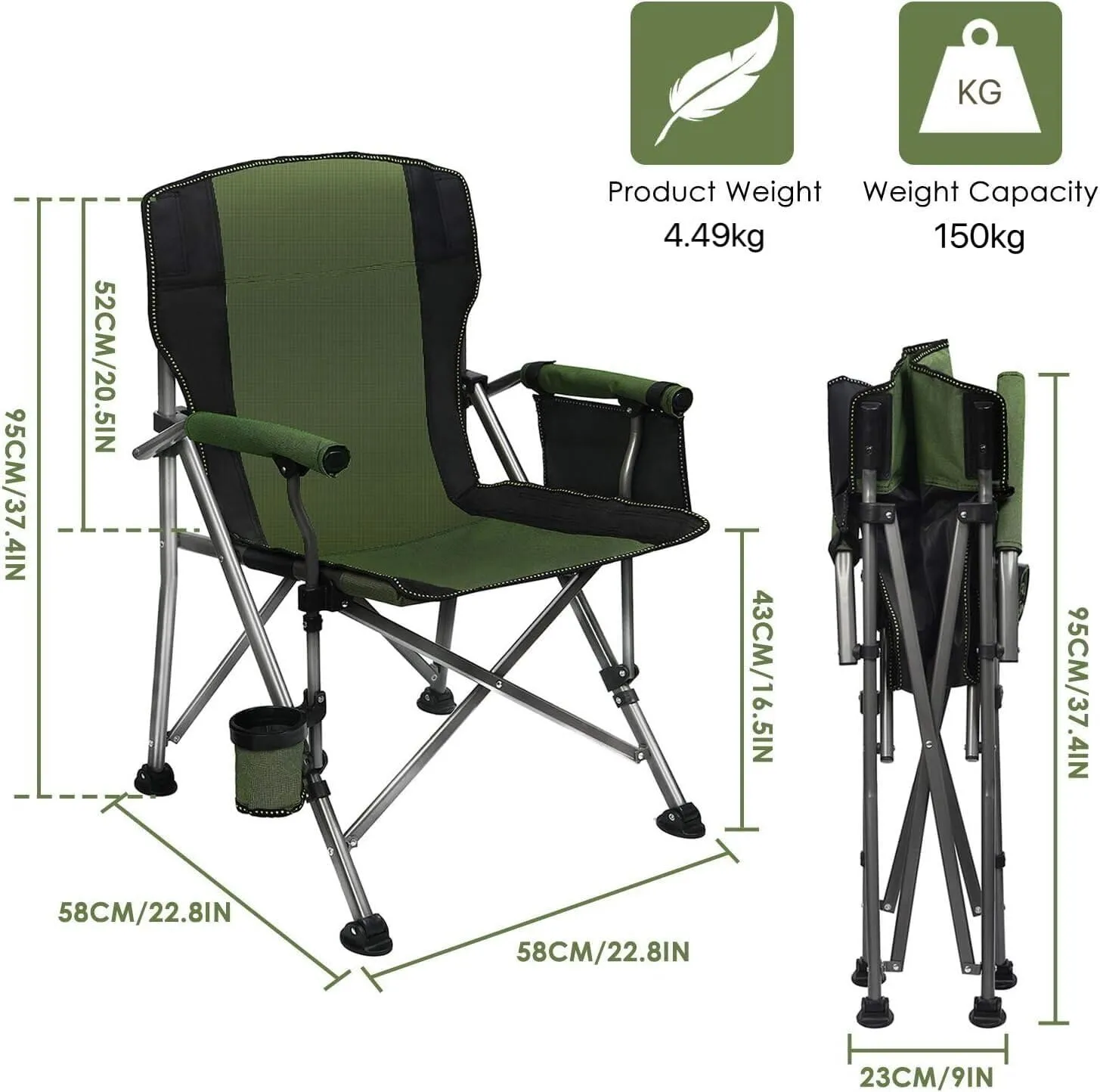 LEADALLWAY Folding Camping Chair Oversized Collapsible Camp Chair with Cup Holder and Removable Storage Bag, Heavy Duty Support 350 LBS, Portable Lawn Chair for Outdoor Camp, Picnic, Travel, Fishing