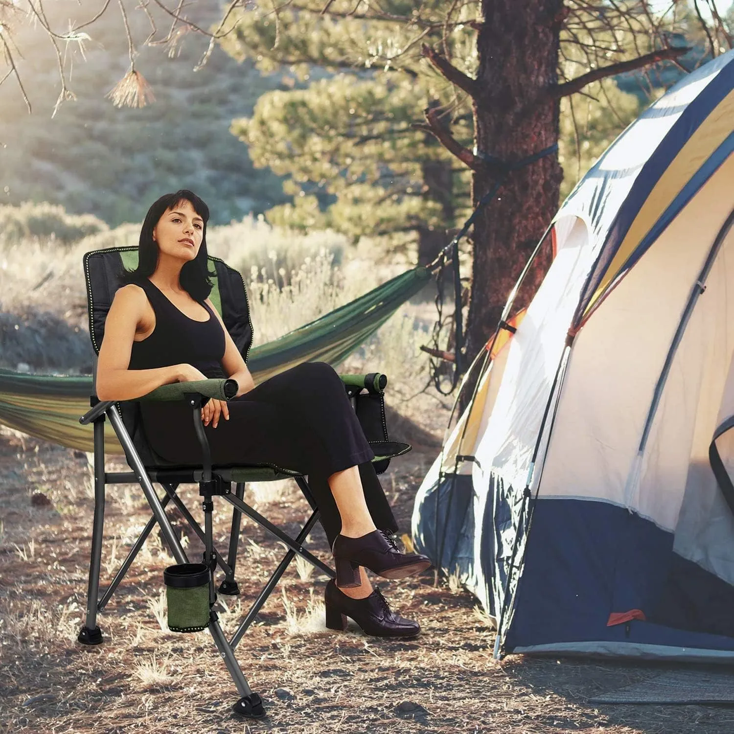 LEADALLWAY Folding Camping Chair Oversized Collapsible Camp Chair with Cup Holder and Removable Storage Bag, Heavy Duty Support 350 LBS, Portable Lawn Chair for Outdoor Camp, Picnic, Travel, Fishing