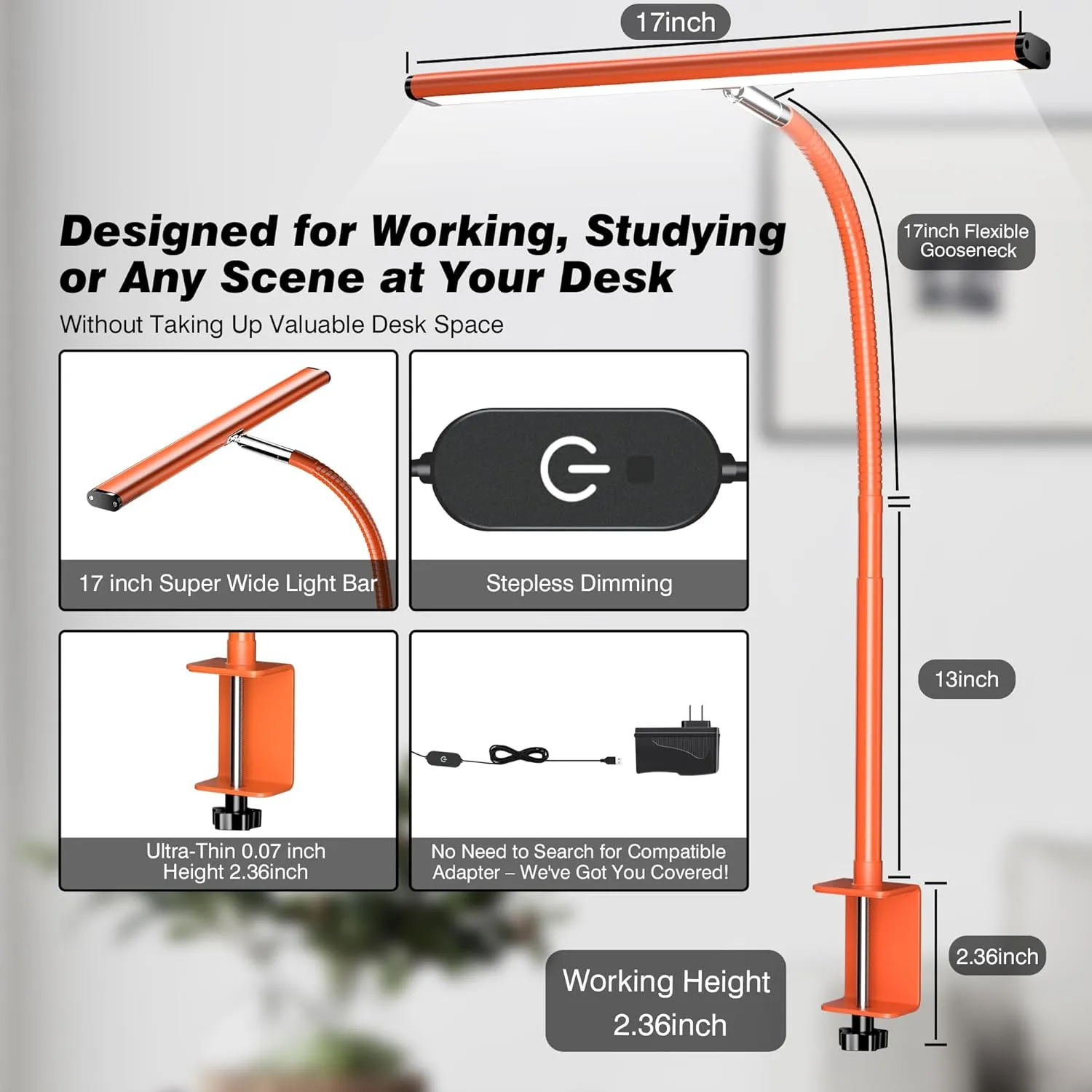 LED Desk Lamp for Office Home, Eye-Caring Desk Light with Stepless Dimming Adjustable Flexible Gooseneck, 10W USB Adapter Desk Lamp with Clamp for Reading, Study, Workbench (Orange)