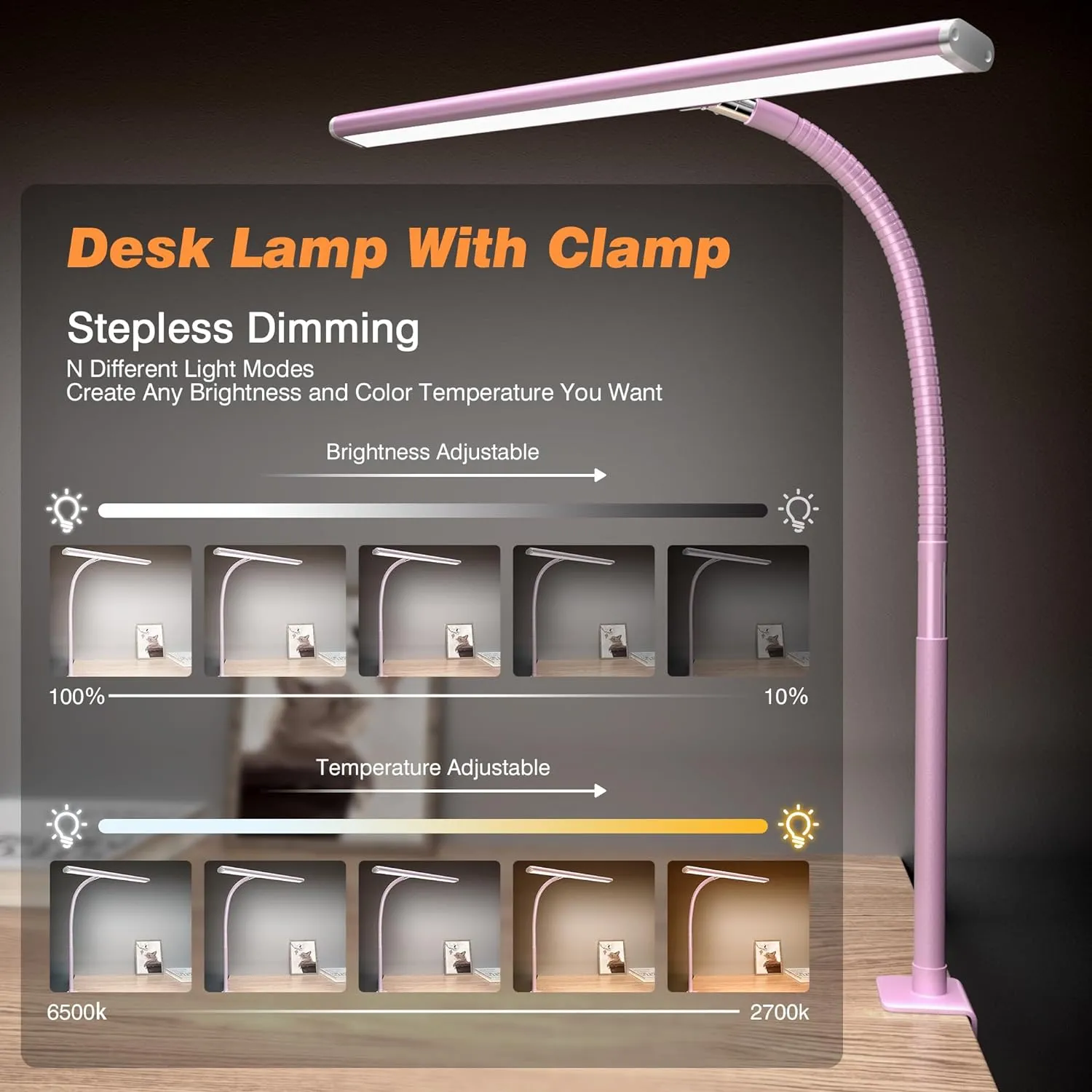 LED Desk Lamp for Office Home, Eye-Caring Desk Light with Stepless Dimming Adjustable Flexible Gooseneck, 10W USB Adapter Desk Lamp with Clamp for Reading, Study, Workbench (Pink)