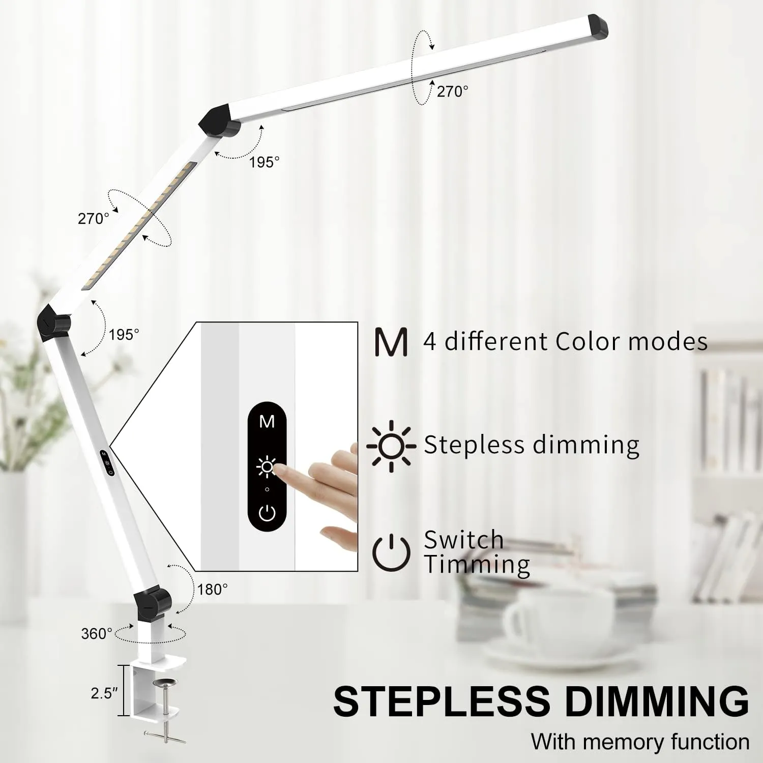 LED Desk Lamp with Clamp, Dual Light Table Lamp with Adjustable Swing Arm, Eye-Care 4 CCT Modes & 5 Brightness Levels Clip-on Architect Modern Desk Light for Home Office Crafting Sewing
