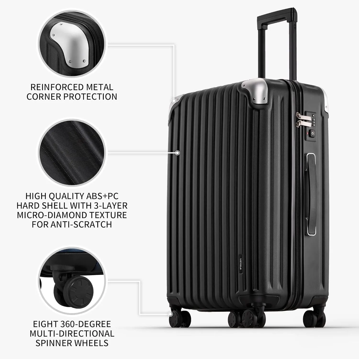LEVEL8 Grace Luggage, 28 Inch Hardside Suitcase, Abs Pc Harshell Spinner Luggage with Tsa Lock, Spinner Wheels, Black, 28 Inch