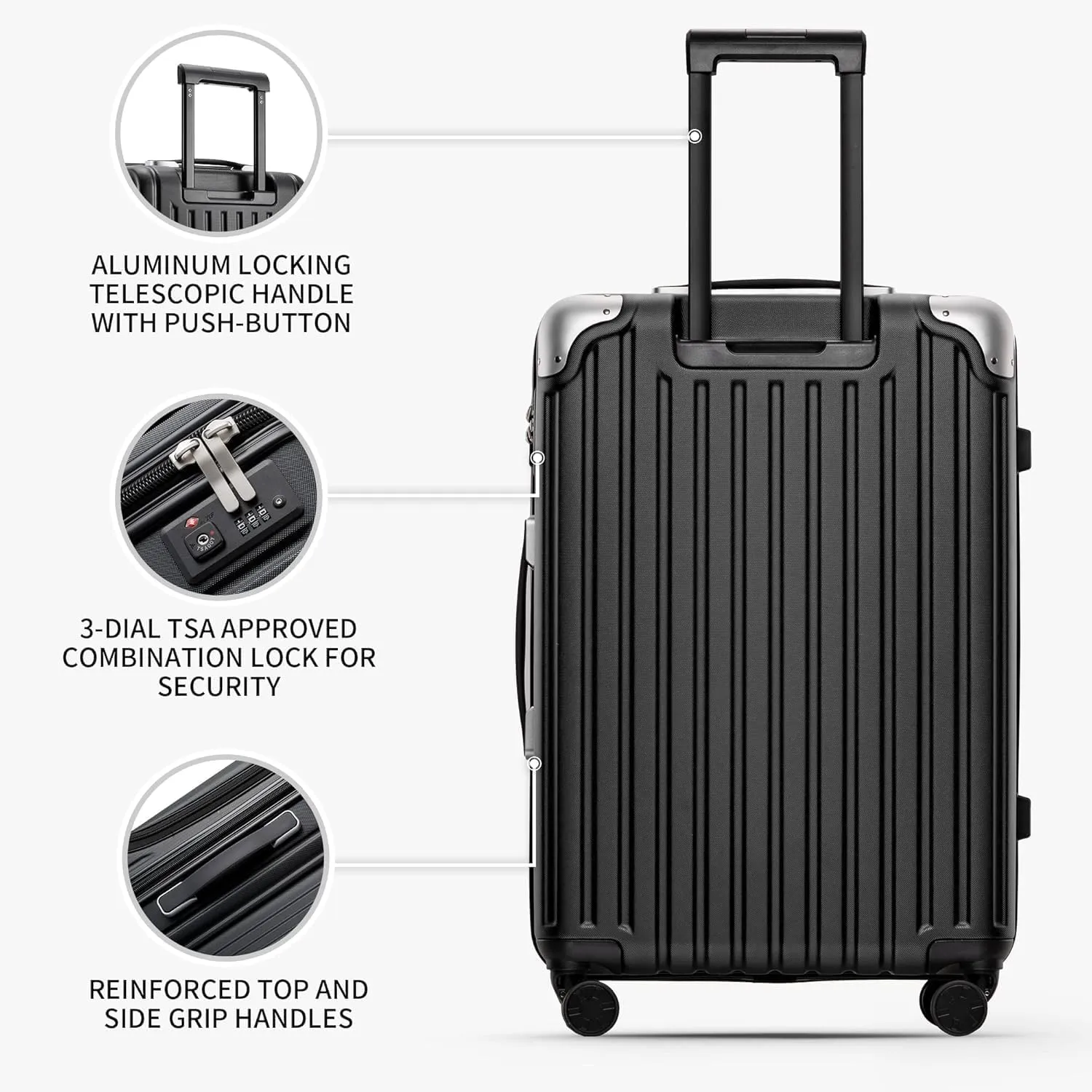 LEVEL8 Grace Luggage, 28 Inch Hardside Suitcase, Abs Pc Harshell Spinner Luggage with Tsa Lock, Spinner Wheels, Black, 28 Inch