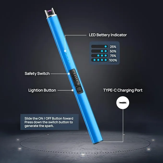 Lighter Candle Lighter, Electric Lighter USB Rechargeable Lighters Have Triple Safety and LED Battery Display, Windproof Flameless Plasma Arc Lighter for Candle Camping Grill (Blue)