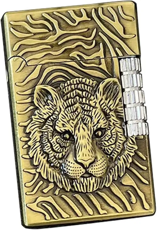 Lighters Vintage Soft Flame Lighter Traditional Flame Embossed Lighter Vertical Ignition Roller Cool Lighters Unique Birthday Gifts (Gold Tiger)