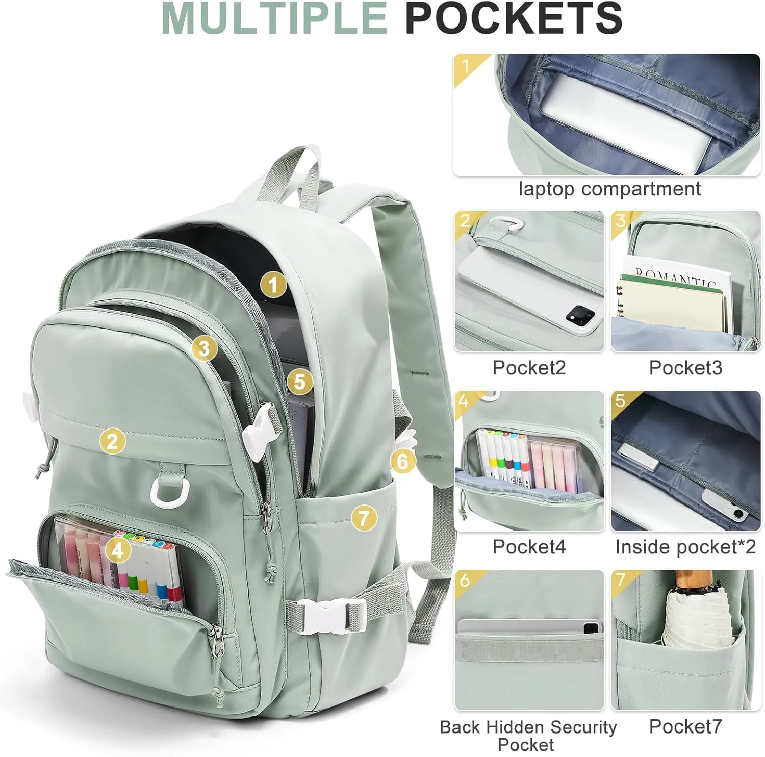 Lightweight College Backpack for Women Men Cute School Bag for Teens Girls Boys High School Backpack for Students Waterproof Casual Daypack Backpack（Green）
