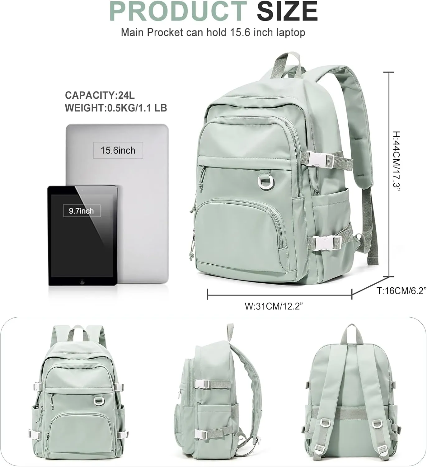 Lightweight College Backpack for Women Men Cute School Bag for Teens Girls Boys High School Backpack for Students Waterproof Casual Daypack Backpack（Green）
