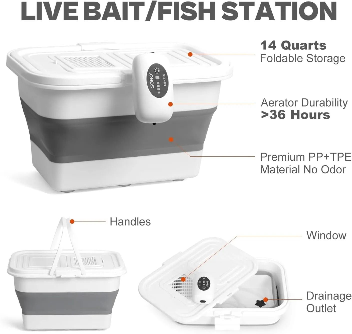 Live Bait or Fish Bucket with Aerator, 14 Quarts Multi-Function Collapsible Fishing Container Box with Rechargeable Air Pump