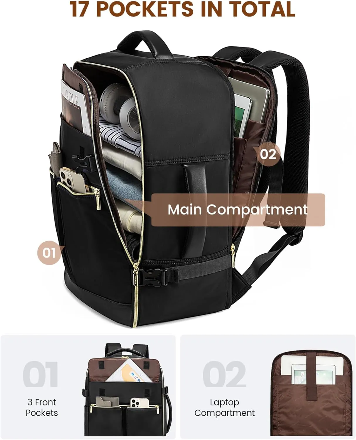 LOVEVOOK 40L Large Travel Backpack for Women, Flight Approved, Waterproof, TSA Compliant, Fits 17.3'' Laptop, 17 Pockets, 3 Packing Cubes