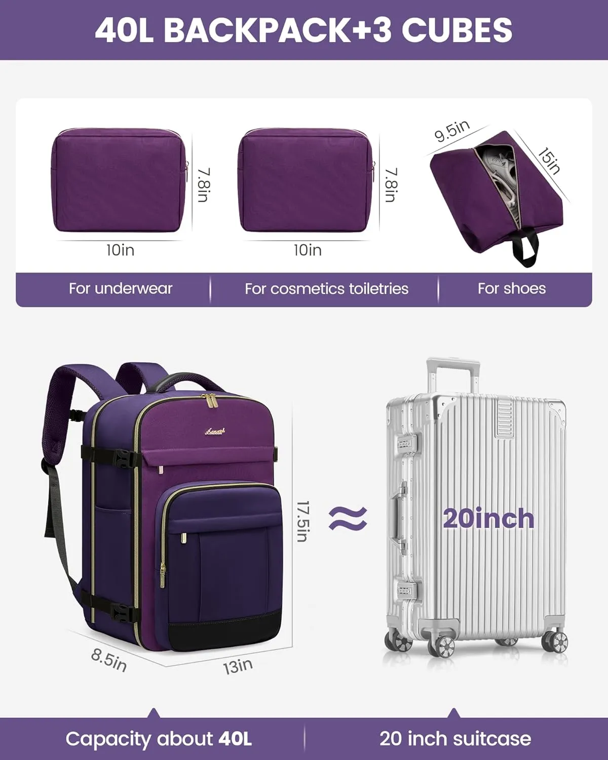LOVEVOOK 40L Travel Backpack for Women & Men - 17.3 Inch Carry On Backpack & Personal Item Backpack for Airlines, Spacious and Durable Design, with 3 Packing Cubes