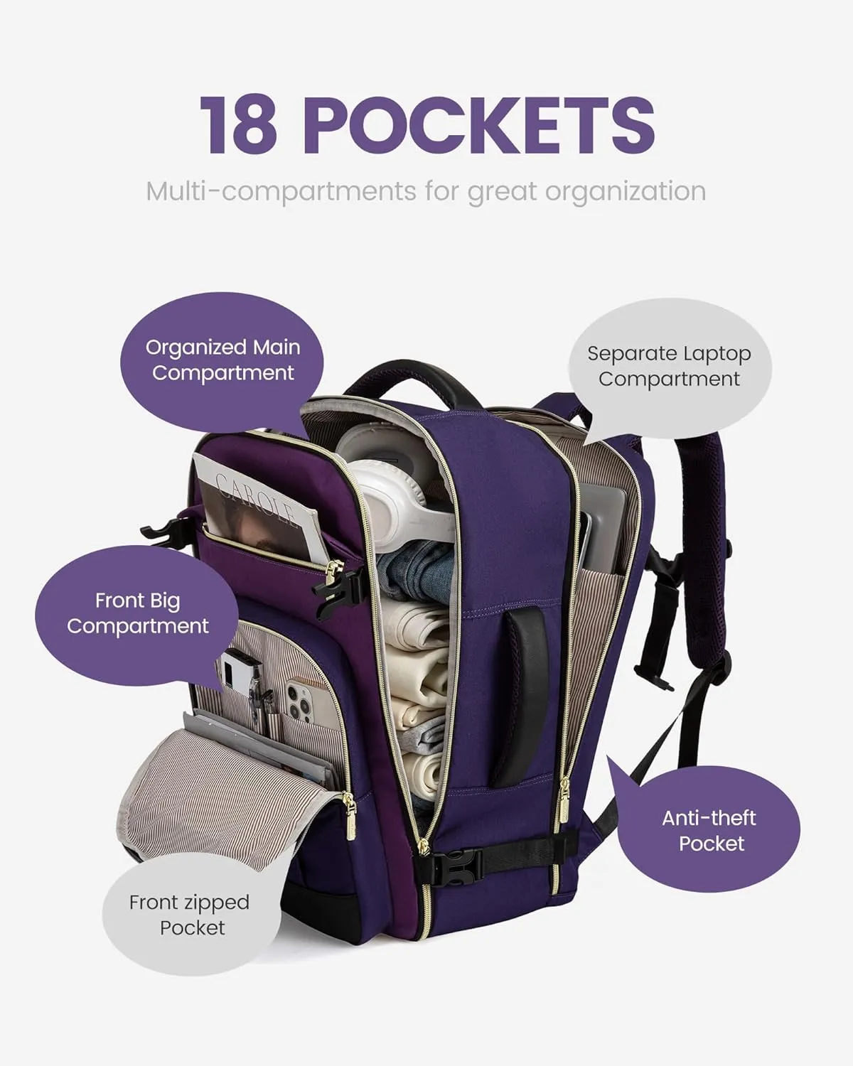 LOVEVOOK 40L Travel Backpack for Women & Men - 17.3 Inch Carry On Backpack & Personal Item Backpack for Airlines, Spacious and Durable Design, with 3 Packing Cubes