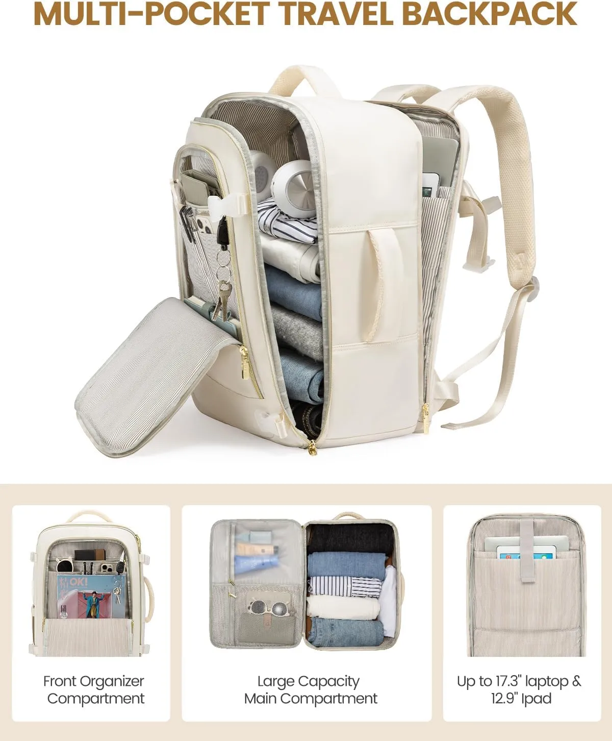 LOVEVOOK 40L Travel Backpack for Women, Carry On Flight Approved, Large Personal Item Bag, Fits 17 inch Laptop, TSA Approved Luggage with 3 Packing Cubes, Waterproof Weekender Gym Backpack