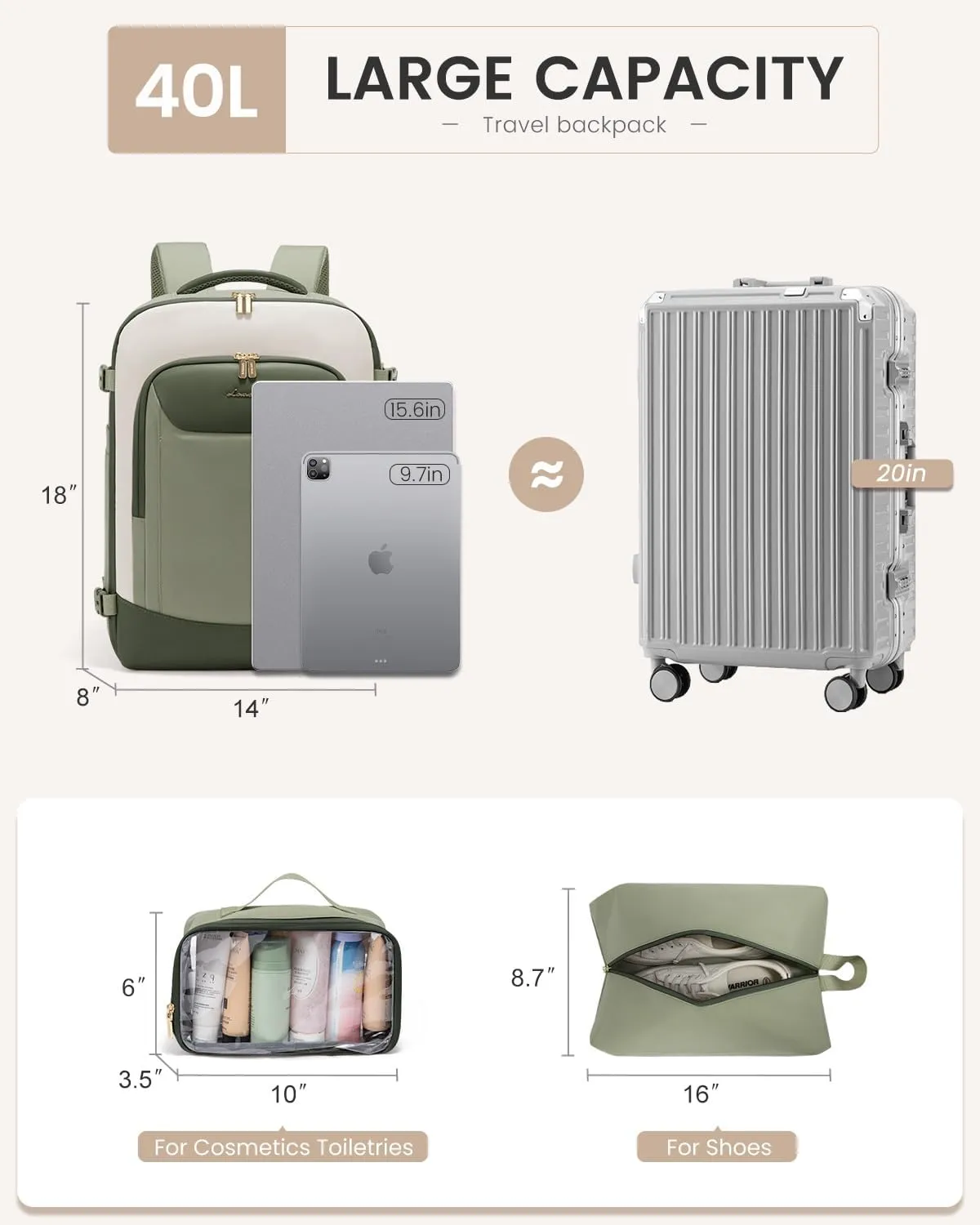 LOVEVOOK 40L Travel Backpack for Women Men, Large Carry on Backpack for Airplanes TSA Personal Item Travel Bag fits 15.6" Laptop, Waterproof Weekender Essentials Airline Approved with 2 Packing Cubes