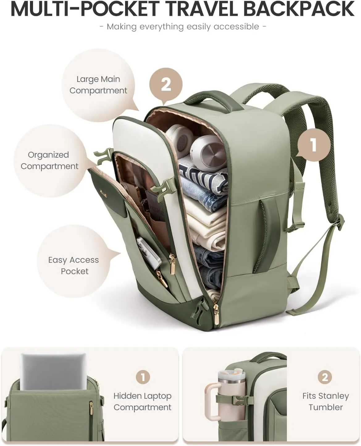 LOVEVOOK 40L Travel Backpack for Women Men, Large Carry on Backpack for Airplanes TSA Personal Item Travel Bag fits 15.6" Laptop, Waterproof Weekender Essentials Airline Approved with 2 Packing Cubes