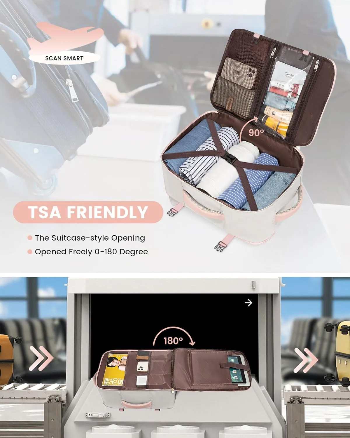 LOVEVOOK Carry On Backpack, 40L Travel Backpack Women with 3 Packing Cubes, TSA Airline Approved Suitcase Bag as Personal Item, Waterproof 17 inch Laptop Backpack for Weekender Overnight,Grey Pink