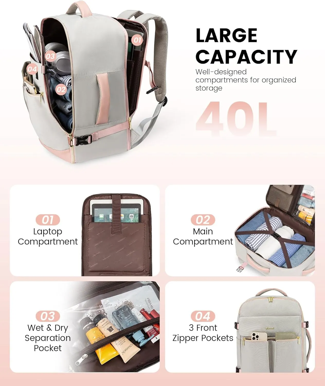 LOVEVOOK Carry On Backpack, 40L Travel Backpack Women with 3 Packing Cubes, TSA Airline Approved Suitcase Bag as Personal Item, Waterproof 17 inch Laptop Backpack for Weekender Overnight,Grey Pink