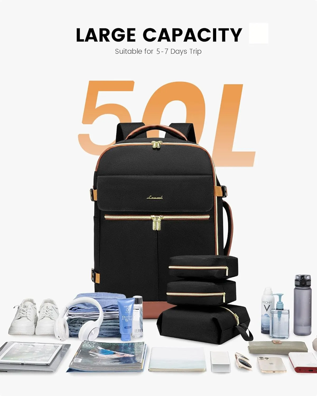 LOVEVOOK Carry On Backpack, 50L Travel Backpack Women with 3 Packing Cubes, TSA Airline Approved Suitcase Bag as Personal Item, Waterproof 18 inch Laptop Backpack for Weekender Overnight,Black-Brown