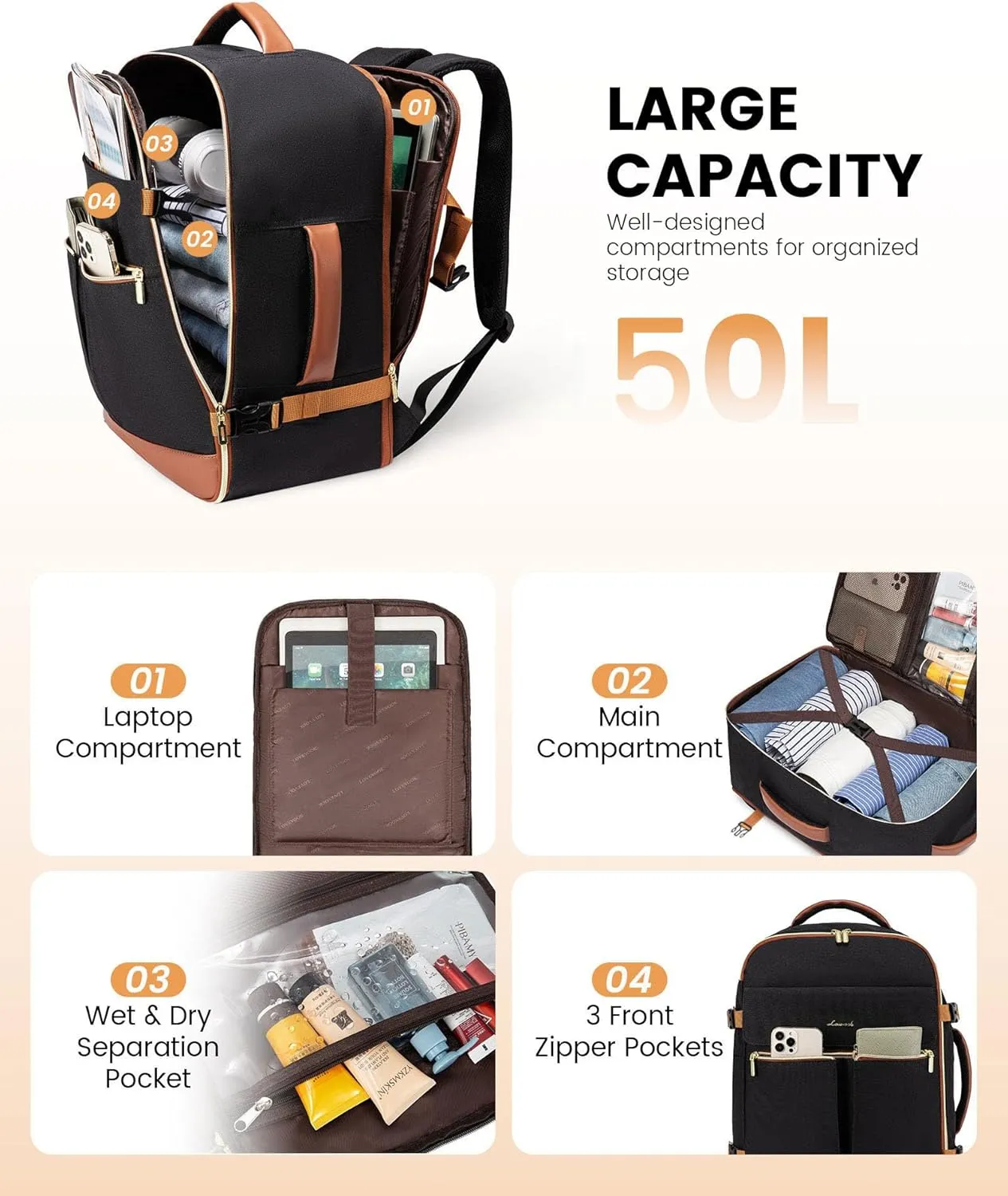 LOVEVOOK Carry On Backpack, 50L Travel Backpack Women with 3 Packing Cubes, TSA Airline Approved Suitcase Bag as Personal Item, Waterproof 18 inch Laptop Backpack for Weekender Overnight,Black-Brown