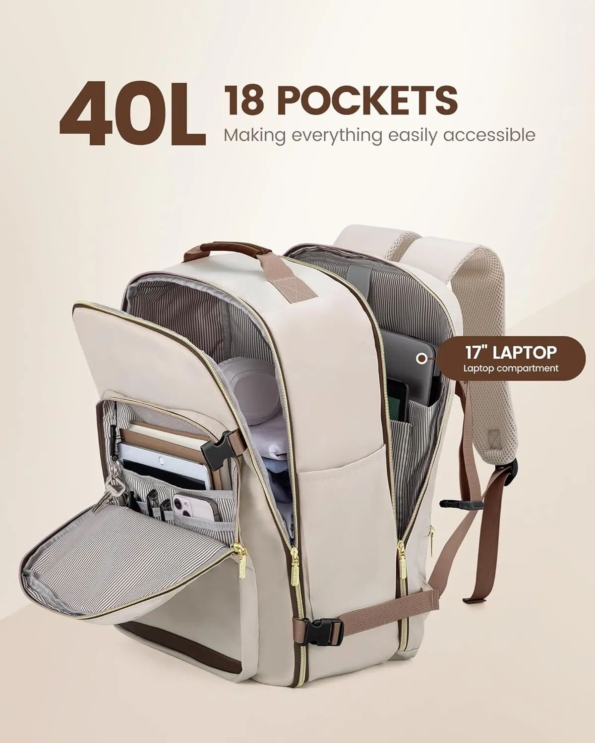 LOVEVOOK Carry on Travel Backpack, 40L Waterproof Large 17inch Laptop Luggage Daypack as Personal Item Flight Approved, Business Weekender Overnight with 3 Packing Cubes, Primary-Coffee