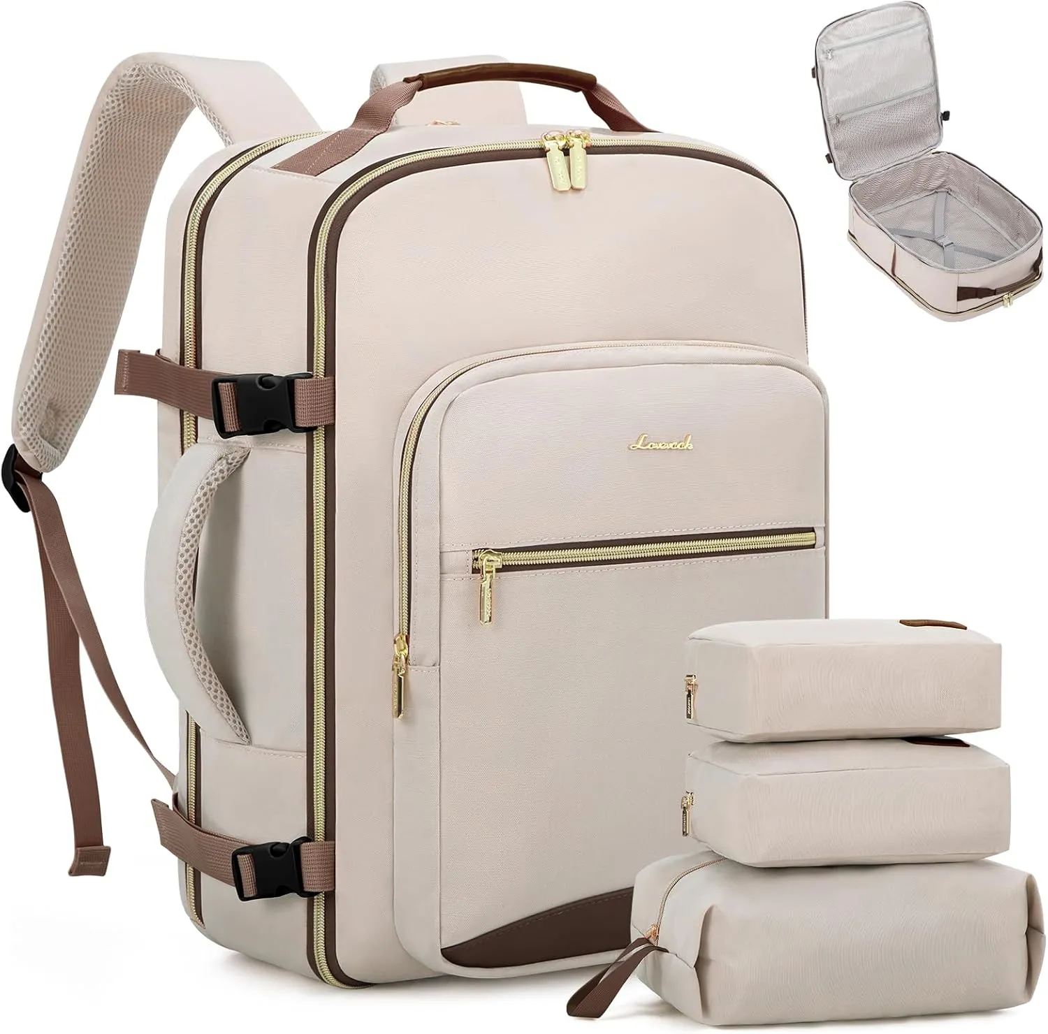LOVEVOOK Carry on Travel Backpack, 40L Waterproof Large 17inch Laptop Luggage Daypack as Personal Item Flight Approved, Business Weekender Overnight with 3 Packing Cubes, Primary-Coffee